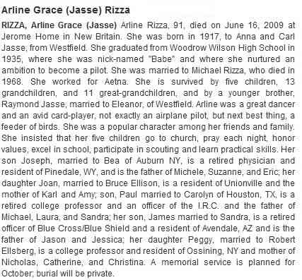 Arline Grace Jasse - The Hartford Courant
Hartford, Connecticut
June 19,2009