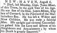 James MINOT - 06 Aug 1773 Obituary. New Haven, Connecticut.