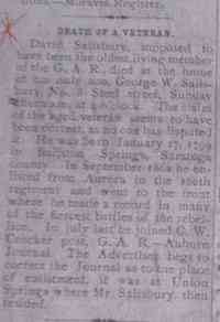 David SALISBURY - Thursday, October 20, 1892 - article reporting the death of David Salisbury