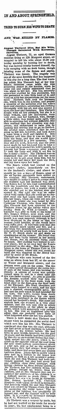August Karl THEUNERT (THEINERT) - IN AND ABOUT SPRINGFIELD TRIED TO BUR HIS WIFE TO DEATH AND WAS KILLED BY FLAMES  Springfield Daily Republican Springfield, Massachusetts Januar