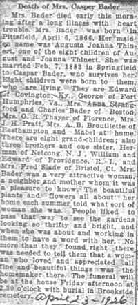 Augusta Johanne THEINERT - Article thanks to Gayle Dorschel Lester Date: April 23, 1926 Location: Massachusetts Paper: Springfield Republican Article type: News Article