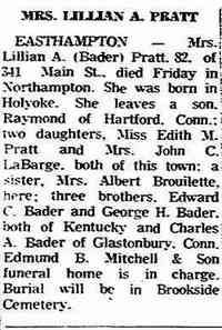 Lillian Alice BADER - obituary The Springfield Union Springfield, Mass., Saturday, October 26, 1968