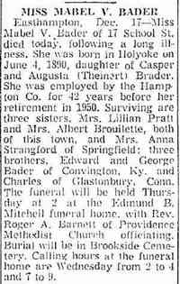 Mabel Viola BADER - obituary The Springfield Union Springfield, Mass., Wednesday, December 18, 1957