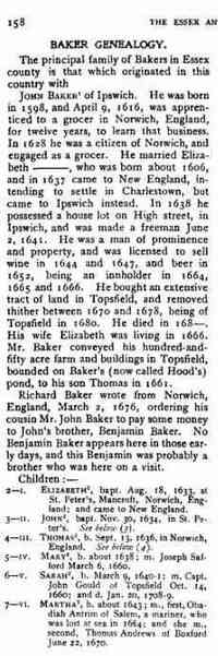 John BAKER - The Essex Antiquarian (Online db: NewEnglandAncestors.org, New England Historic Genealogical Society, 2006),(Originally Published in Salem, MA. The Es