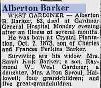 Alberton Bradford BARKER - Lewiston Evening Journal Lewiston, Maine Thursday, January 29, 1957