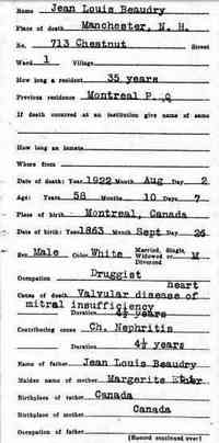Jean Louis BEAUDRY - 1922 Death Name: Jean Louis Beaudry Gender: Male Birth Date: abt 1864 Birth Place: Montreal, Canada Father: Jean Louis Beaudry Mother: Margeri