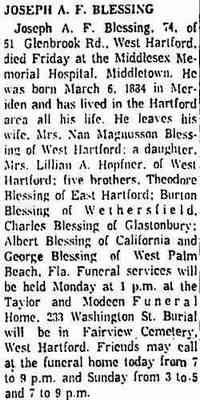Joseph August Frank BLESSING - The Hartford Courant Hartford, Connecticut Oct 25, 1958