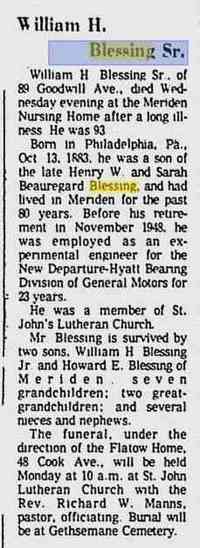William Henry BLESSING - Obituary The Morning Record Meriden, Connecticut November 26, 1976
