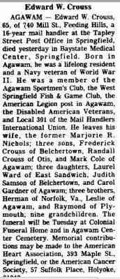 Edward Warren CROUSS - obituary The Sunday Republican August 24, 1986 Springfield, Massachusetts