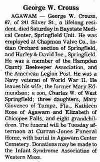 George Willard CROUSS - obituary Date: June 09, 1980 Location: Massachusetts Paper: Springfield Union