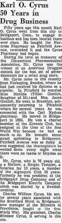 Karl (Karil) Oscar CYRUS - The Berkshire Evening Eagle Pittsfield, Massachusetts May 29, 1943 