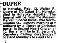 Walter Francis DUPRE - Death Notice