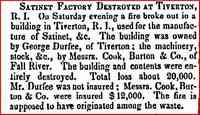 George DURFEE - Is this him? Satinet Factory Destroyed at Tiverton (News Article) Date: 1849-07-27 Paper: Norfolk Democrat Massachusetts