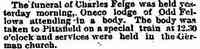 Carl "Charles" FEIGE - funeral Date: January 16, 1888 Location: Massachusetts Paper: Springfield Republican