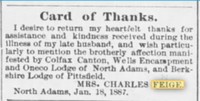 Carl "Charles" FEIGE - Card of Thanks Pittsfield Sun Pittsfield, Massachusetts January 19, 1888