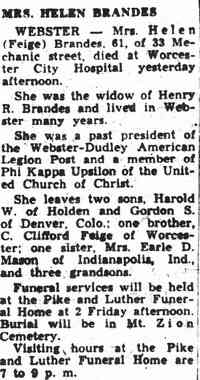 Helen Louise FEIGE - Worcester Daily Telegram Worcester, Massachusetts June 23, 1954