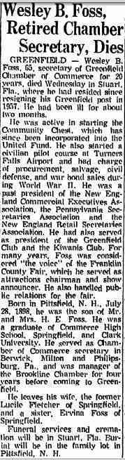Wesley Blake FOSS - obituary Date: September 06, 1963 Location: Massachusetts Paper: Springfield Union