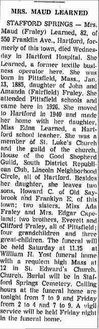 Maud Blanche FRALEY - obituary Date: December 07, 1967 Location: Massachusetts Paper: Springfield Union