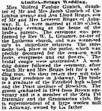 Mildred Pauline Amelia GIMLICH - Article on marriage Date: September 20, 1909 Location: Massachusetts Paper: Springfield Republican