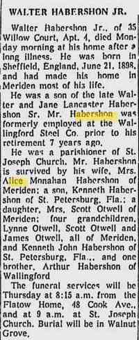 Walter J HABERSHON - Meriden Journal Meriden, Connecticut July 6, 1971