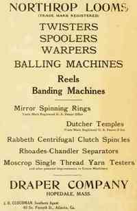 Hopedale, Massachusetts, USA - NORTHROP LOOMS
TWISTERS
SPOOLERS
WARPERS
BALLING MACHINES
Reels
Banding Machines
Mirror Spinn