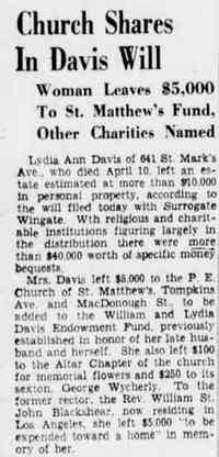 Lydia Ann HUNTER - Church Shares in Davis Will The Brooklyn Daily Eagle Brooklyn, New York Friday, April 21, 1939