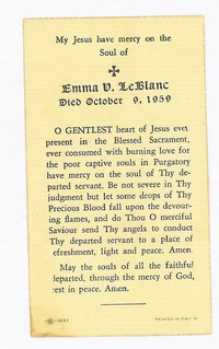 Emma (Emily) Victoria LAFARIER (LAFERRIERE) - Funeral Card