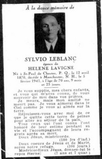 Sylvio LEBLANC - Funeral Card