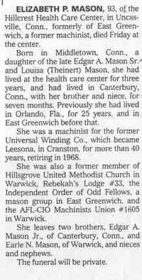 Elizabeth Pauline THEINERT MASON - Providence Journal - Bulletin - Providence, R.I. Date: Jan 5, 1997