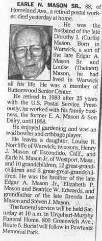 Earle Nichols MASON - Obituary Providence Journal - Providence, R.I. Date: Sep 6, 2001