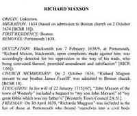 Richard MAXSON (MAXON) - Great Migration 1634-1635, M-P. (Online database. AmericanAncestors.org. New England Historic Genealogical Society, 2010.) Originally published as: Th