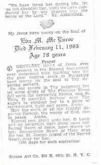 Eva Mary ANGER - Thanks to Sheryl Riley FOUND IN THE FAMILY BIBLE. CARD THAT WAS PASSED OUT AT THE WAKE OF EVA McENROE.