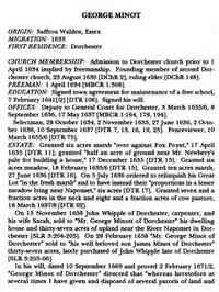 George MINOT - The Great Migration Begins: Immigrants to New England 1620-1633, Volumes I-III. (Online database: AmericanAncestors.org, New England Historic Genealog