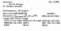 David Engley MITCHELL - Name: David Engley Mitchell Birth Date: 22 Oct 1938 Birth Place: Northampton Death Date: 12 Mar 1983 Last Residence Place: Easthampton Lodge: Ion