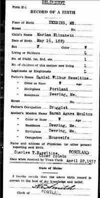 Marion Elizabeth HESLETINE - Birth Maine State Archives; Cultural Building, 84 State House Station, Augusta, ME 04333-0084; Pre 1892 Delayed Returns; Roll #: 52