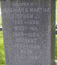 Mary Ina MOULTON - Grave  Inscription: Children of Jeremiah & Martha STEPHEN J. 1886 - 1886 MARY INA 1898 - 1889 HERBERT 1890 - 1892 RUTH 1891 - 1891