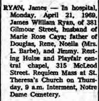 James William RYAN - Death notice  The Ottawa Journal Ottawa, Ontario, Canada Wednesday, April 23, 1969