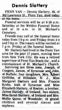 Dennis Vincent SLATTERY - Obituary May - June 1970 Geneva Daily Times Geneva, New York