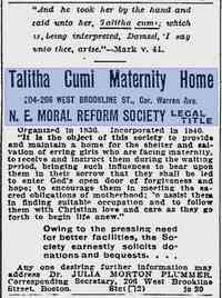 Eleanor Wentworth MOULTON - Talitha Cumi Maternity Home ad Boston Evening Transcript Boston, Massachusetts December 8, 1906 (Place where her son, Gerald Moulton, was born
