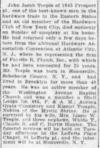 John Jacob TEEPLE - obituary The Brooklyn Daily Eagle Brooklyn, New York Monday, November 1, 1920