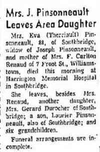 Eva THERIAULT - Obituary The North Adams Transcript, North Adams, Massachusetts, June 23, 1966