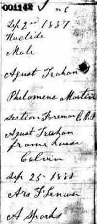 Euclide TRAHAN - Name: Euclide Trahan Date of Birth: 2 Sep 1887 Gender: Male Birth County or District: Algoma Fathers Name: Agust Trahan Mothers name: Philomene