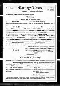 Ford Page SHAFER - Marriage License  Ancestry.com. Michigan, Marriage Records, 1867-1952 [database on-line]. Provo, UT, USA: Ancestry.com Operations, Inc., 2015.