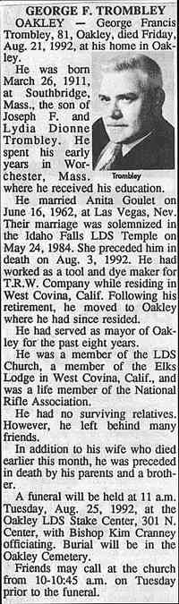 George Francis TROMBLEY - Obituary Idaho, Southern Counties Obituaries, 1943-2013