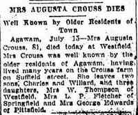 Amalie Christiane "Augusta" VOGEL - 1922 obituary Date: July 16, 1922 Location: Massachusetts Paper: Springfield Republican