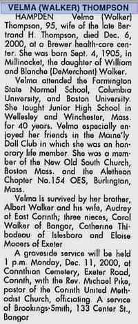 Velma May WALKER - Bangor Daily News Bangor, Maine Friday, December 8, 2000