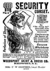 Brutus, New York, USA - Brutus, New York, USA - Weedsport Skirt & Dress Co. 1887 advertisement  Security Corset. Elegance, Comfort, Economy, Durability Manufactured by Weedsport Shirt & Dress, C