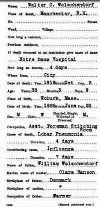 Walter Clarence WOLSCHENDORF - 1918 Death Name: Walter C Wolschendorf Gender: Male Birth Date: abt 1885 Birth Place: Woburh, Massachusetts Father: William Wolschendorf Mothe